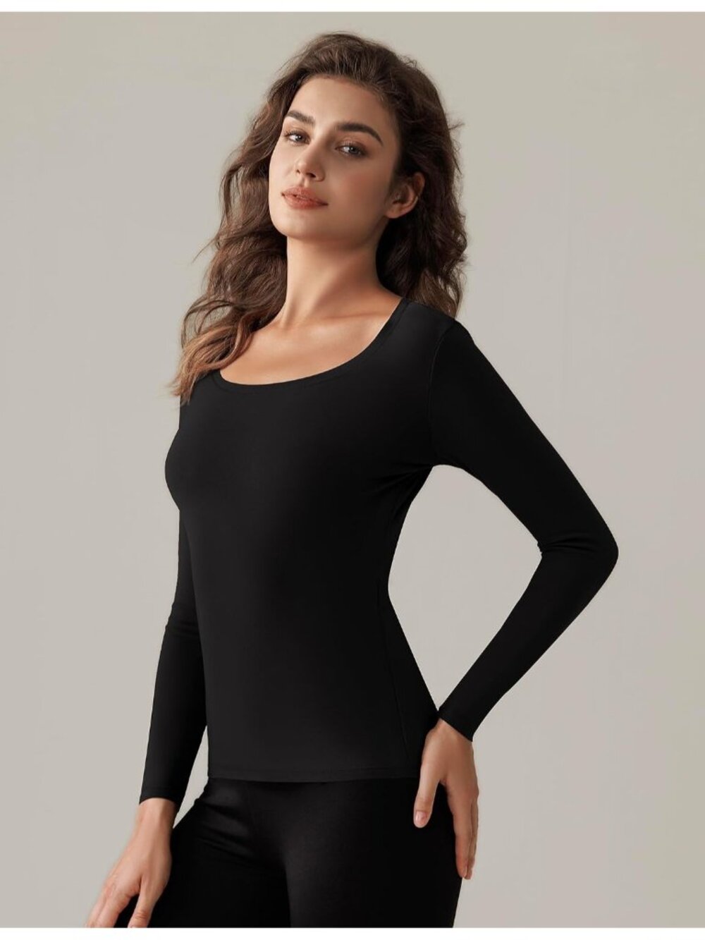Women's Black Long Sleeve Scoop Neck Soft Double Fleece Lined Tops T Shirts